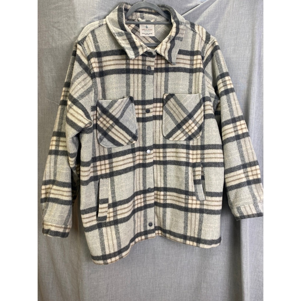 Jade & Ivory Cream Gray Plaid Shacket Fleece‎ Button Front Oversized XL